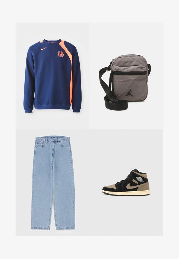 Tumedat sinine sviiter, millel on pikad varrukad ja oranžid detailid õlgadel ja kaeluses. Rinnal on klubi logo.; Heled sinise denimi sirgete põlvede lõikega teksad, millel on keskmise kõrgusega vöökoht, viis taskut ning nööbid ja tõmblukk.; Kõrge säärega tennised, millel on must ja beež seemisnahk, auguline varvas, beež vahepealne põhi, mustad paelad ja hõbedane logo küljes.; Hall Gray nailonist crossbody kott, millel on tõmblukuga esikott, reguleeritav must rihm ja must logo aktsent esiküljel. Kompaktne ja kerge disain.; Tumesinine seljakott punaste aktsentidega, mitme lukuga taskuga, logoplätside ja reguleeritavate rihmadega. Valmistatud vastupidavast kangast.