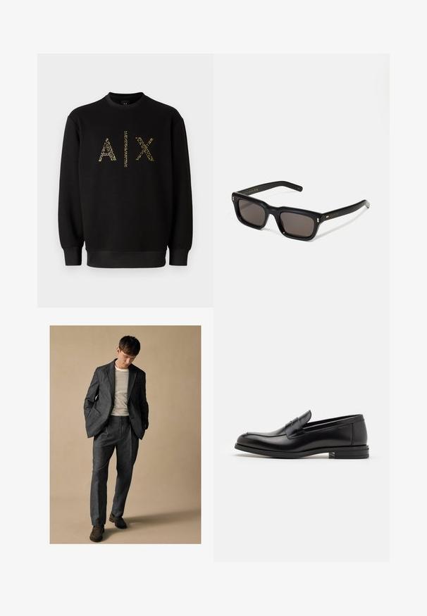 Sudadera negra con cuello redondo, que presenta letras doradas brillantes "AIX" en la parte delantera. Puños y dobladillo elásticos. Material de algodón suave.; Traje gris a medida con solapas en forma de muesca y bolsillos frontales, combinado con una camisa a rayas. Los pantalones tienen un corte relajado y pliegue. Zapatos marrones.; Mocasines de cuero negro con una textura suave, puntera redondeada y una tira decorativa en el empeine. Tacón bajo apilado, diseño minimalista.; Gafas de sol rectangulares negras con lentes oscuros, marco de plástico grueso, acentos dorados en las patillas y logotipo de la marca grabado en el brazo.