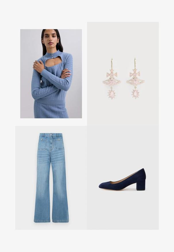 Light blue knitted sweater with a high collar, featuring a rectangular cutout and three decorative buttons. Textured cable knit design.; Light blue denim jeans with a wide-leg design, featuring two front pockets and two back pockets, finished with a raw hem and button closure.; Navy blue suede pump with a pointed toe and a mid-height block heel. Smooth texture with a subtle sheen and a small cutout at the front.; Pink gemstone earrings with a bow design, featuring a layered structure and sparkling accents; metal hardware retains a polished finish.