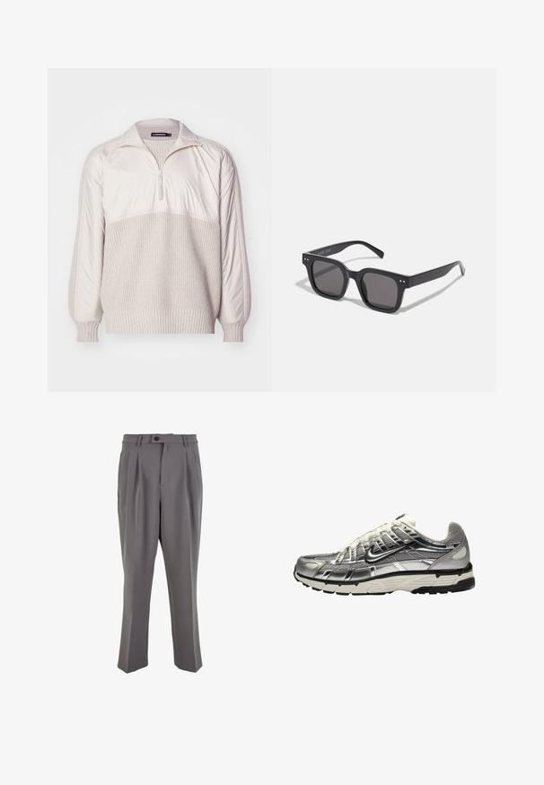 Pullover in light beige featuring a half-zip collar, textured knit body, and smooth fabric sleeves. Ribbed cuffs and hem.; Black cotton t-shirt with short sleeves and a crew neckline. Features white text "ALLSAINTS" and "LONDON" on the left chest area.; Gray pleated trousers made of smooth fabric, featuring a straight cut, a single button closure, and belt loops. Minimalist design.; Silver and black athletic shoe with a mesh and synthetic upper, voluminous design, and a textured finish. Features a padded collar and rubber sole.; Black rectangular sunglasses with dark lenses, featuring a thick frame, subtle accents on the sides, and no visible logos beyond the brand name.; Digital Casio watch with a black face, silver stainless steel band, rectangular case, and buttons for light, lap-reset, and mode adjustments.