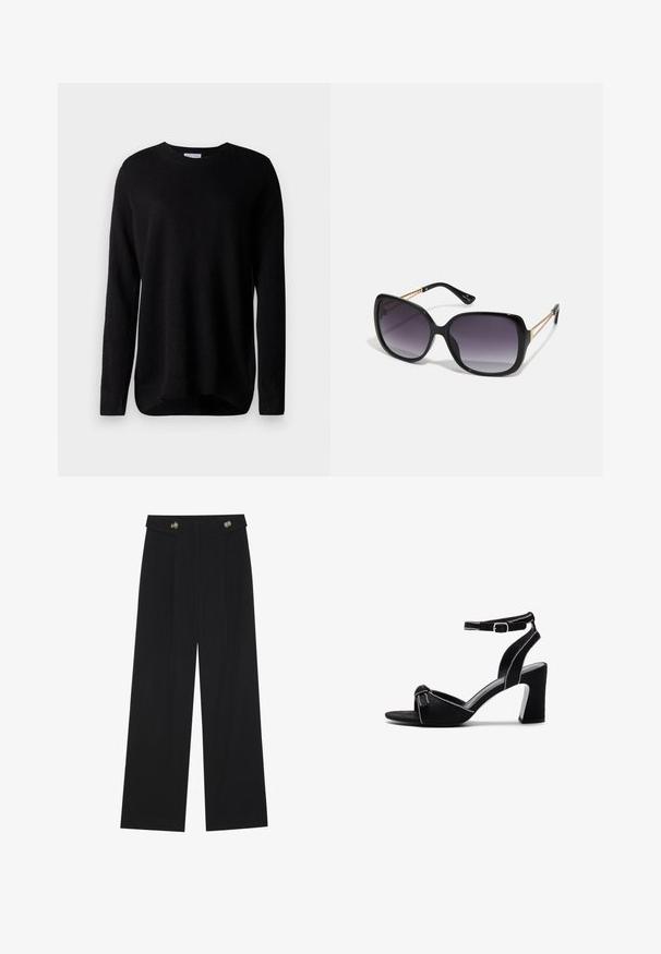 Svart genser laget av mykt stoff, med lange ermer, rund hals og rillete mansjetter. Enkelt design, uten mønstre eller dekorasjoner.; Svart vide bukser med høy midje, knappdetaljer på midjebåndet og frontplisser.; Sorte semskede hælede sandaler med en bred blokhæle, justerbar ankelrem, åben tå-design og kontrastsyede detaljer.; Sorte oversized solbriller med gradient linser, tykke rammer og detaljering med gulltonekjede på tempelarmene.; Svart håndveske med teksturert overflate, doble topphåndtak og justerbar skulderrem. Har detaljer i gulltone og sidelommer.
