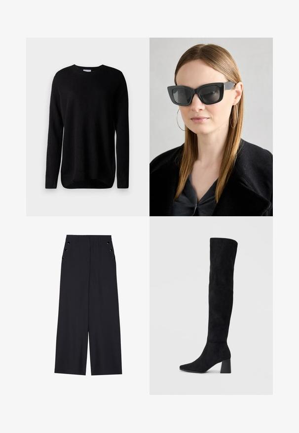 Svart genser laget av mykt stoff, med lange ermer, rund hals og rillete mansjetter. Enkelt design, uten mønstre eller dekorasjoner.; Bredde benbukser i mørk marinefarge, med en jevn tekstur, frontfalter og dekorative gullfargede øyespenner på sidelommene.; Sorte semskede knelang støvel med blokk-heelsk, spiss tå og glatt, sømløst design på en ensfarget lys bakgrunn.; Sorte katteøyne solbriller med mørke linser, tykke rammer og subtile detaljer. Båret med en svart frakk og grå topp, med langt, rett hår.