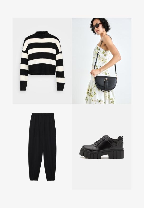Fekete és fehér vízszintesen csíkozott, hosszú ujjú, rövidített pulóver, bordás magas nyakkivágással és mandzsettákkal, világos háttéren bemutatva.; Fekete, könnyű nadrág elasztikus derékkal és ráncolt bokákkal. Az anyag sima és laza, szűkített dizájnnal rendelkezik.; Fekete bőr platform cipők vaskos blokk sarkakkal, kerek orral és hagyományos fűzős kialakítással. Simára csiszolt felület és minimális részletezés jellemzi.; Fekete bőrtáska ívelt formával, levehető pánttal és arany színű fémrészekkel. A táskán egy csattal díszített fedél található.