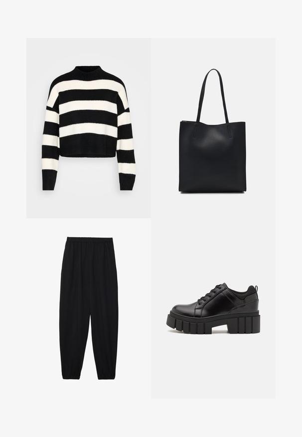 Juodai baltas horizontaliai juostuotas ilgos rankovės trumpas megztinis su giliu kailiniu apykakle ir rankogaliais, pristatytas šviesiame fone.; Juodi, lengvi kelnių su elastinga juosmens juosta ir surinktais kulkšniais. Audinys yra lygus ir turi atsipalaidavusį, siaurėjantį dizainą.; Juodi odiniai platformos batai su masyviu blokuota kulniuku, apvalia nosimi ir tradiciniu šnypštimo dizainu. Turintys glotnų paviršių ir minimalų dekoravimą.; Juodas odinis tote krepšys su lygia tekstūra, stačiakampio formos ir dviem ilgais rankenomis. Matomų metalinių detalių ar puošybos nėra.