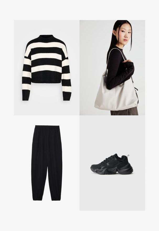 Fekete és fehér vízszintesen csíkozott, hosszú ujjú, rövidített pulóver, bordás magas nyakkivágással és mandzsettákkal, világos háttéren bemutatva.; Fekete, könnyű nadrág elasztikus derékkal és ráncolt bokákkal. Az anyag sima és laza, szűkített dizájnnal rendelkezik.; Fekete sportcipők sima és textúrált anyagok keverékével, vastag talppal, kerek formával és díszítő varrással. Puha, plüss szegéllyel rendelkezik.; Puha anyagból készült bézs kézitáska, laza dizájnnal, varrott részletekkel és két vállpánttal. Mindennapi használatra alkalmas.