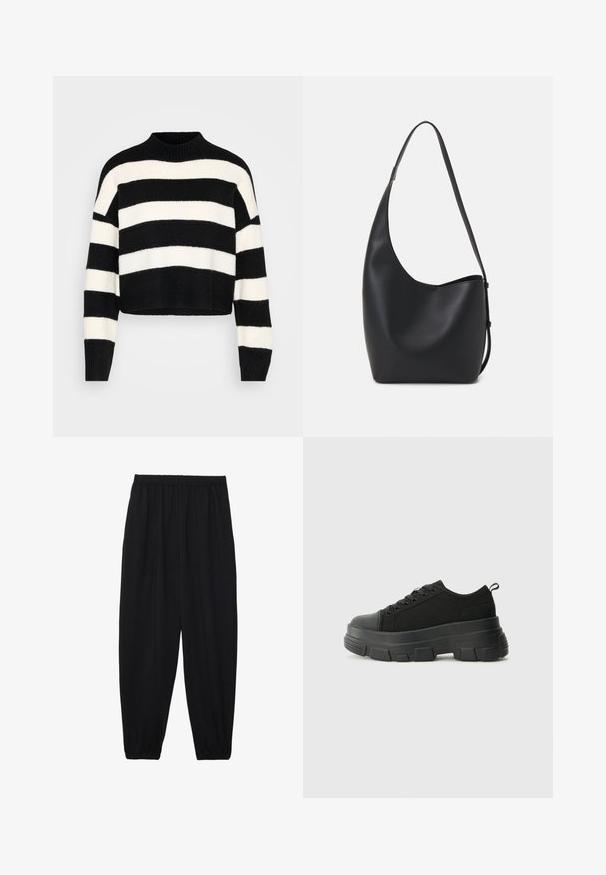 Pulover scurt cu mânecă lungă, cu dungi orizontale alb-negru, având un guler și manșete cu model canalé, expus pe un fundal deschis.; Pantaloni negri, ușori, cu un brâu elastic și tivuri strânse. Materialul este neted și are un design relaxat, conic.; Adidași negri cu talpă groasă din cauciuc, superior din material texturat, bot rotund și design cu șireturi. Include gauri întărite pentru șireturi și o buclă pe spate.; Geantă hobo din piele neagră, cu o textură netedă, formă curbată și un singur bretele ajustabil; are o deschidere largă în partea de sus.
