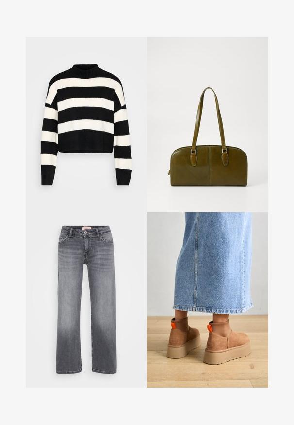 Melnā un baltā krāsā horizontāli svītrots garie piedurknes krope svīteris ar ribotām augstām apkaklēm un aprocēm, attēlots uz gaiša fona.; Pelēki džinsi ar taisnu kāju dizainu, piecu kabatu stils, viegla izbalēšana un pogas aizdare viduklī.; Brūni zamšādas platforma zābaki ar elastīgiem sānu paneļiem un oranžām cilpām, apvienoti ar līdz ceļgaliem garu gaišā denima svārku uz koka grīdas.; Olive zaļš ādas rokassomu ar noapaļotu formu, divām rokturiem un bezšuvju priekšpusi. Iezīmējas ar gludu tekstūru un smalkiem šuvju akcentiem.; Sudraba auskars ar pulētu apdari, ar maziem zelta akcentiem un apaļu formu, uz ausu ļipiņas.