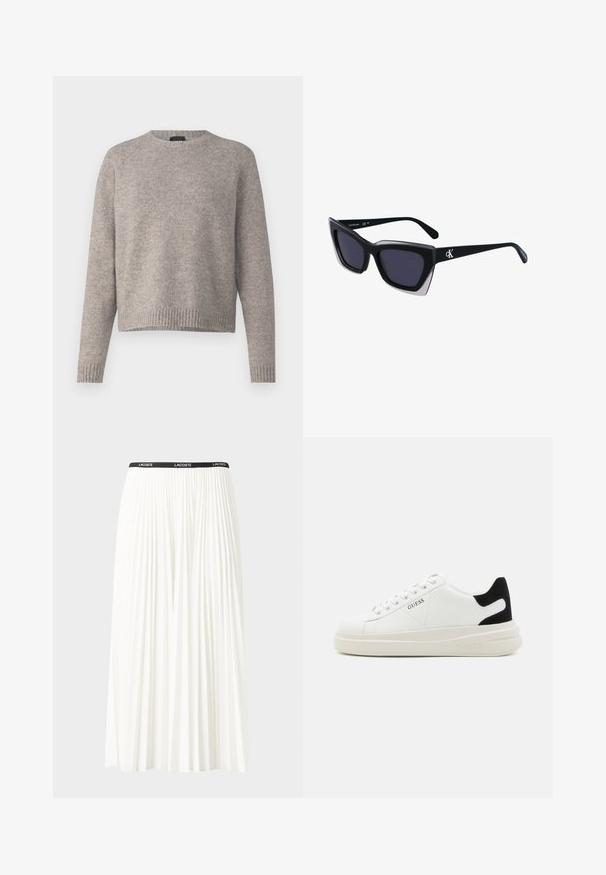 Jasnoszary sweter dzianinowy z okrągłym dekoltem, długimi rękawami raglanowymi i prążkowanym wykończeniem. Miękka struktura i luźny krój.; Plisowana biała spódnica z czarnym elastycznym pasem z logo "LACOSTE". Średniej długości, o miękkiej teksturze.; Białe skórzane sneakersy z grubą białą podeszwą, czarnym zamszowym akcentem na pięcie oraz wytłoczonym logotypem z boku. Projekt z sznurówkami i sześcioma dziurkami.; Czarne, oversize okulary przeciwsłoneczne o geometrycznym kształcie, z ciemnymi soczewkami i kontrastującym szarym detalem na oprawie. Logo na ramieniu.
