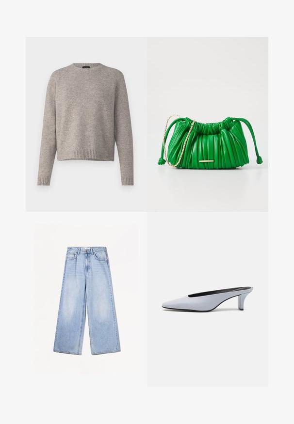 Lichtgrijze gebreide trui met een ronde halslijn, lange raglanmouwen en ribgebreide zoom. Zacht van textuur en relaxte pasvorm.; Bershka WIDE-LEG - Wide leg - light-blue denim; Lichtblauwe patentleren mule met een spitse neus, een lage doorzichtige hak, en een strak ontwerp met een uitsparing bij de vamp.; Groene leren handtas met geplooide textuur, gouden kettingdetails en trekkoordsluiting. Voorzien van een minimalistische gouden hardwareaccent.