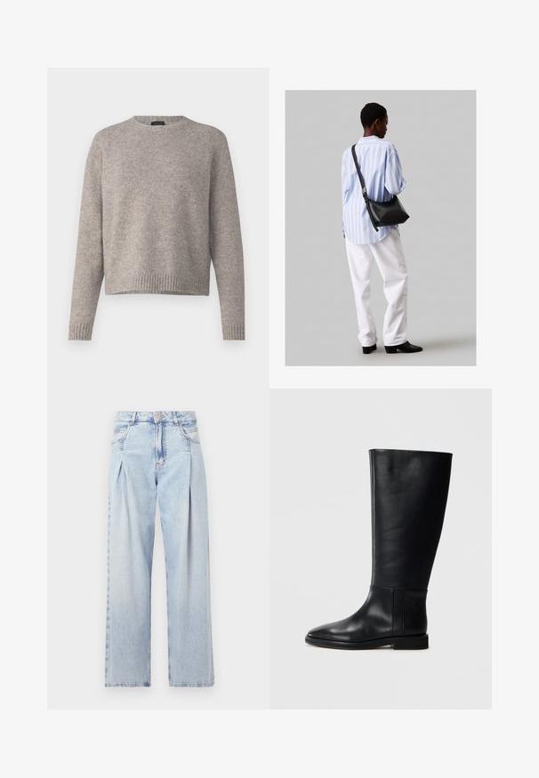 Világosszürke kötött pulóver, kerek nyakkivágással, hosszú raglánujjakkal és bordázott szegéllyel. Puha tapintás és laza fazon.; Világoskék farmernadrág magas derekú, bő szabású, két oldalsó zsebbel és pliszírozott dizájnnal. Puha tapintású, elhalványított felület.; Fekete bőrből készült, térd fölé érő csizma, lekerekített orral, sima felülettel, minimalista dizájnnal és lapos talppal. Egyszerű varrási részletek a szárán.; Fekete bőr válltáska puha tapintással, háromszög alakú, állítható pánttal, világoskék csíkos inggel és fehér nadrággal párosítva.
