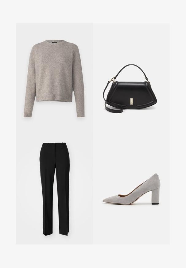 Lys grå strikkegenser med rund hals, lange raglanermer, og ribbestrikket nederkant. Myk tekstur og avslappet passform.; Sorte skreddersydde bukser med rett silhuett, med en glatt tekstur og klare pressede bretter foran. Ingen synlig maskinvare.; Grå semsket pumpe med spiss tå og en kraftig hæl. Har en jevn tekstur og en subtil hælakkent for stabilitet.; Sort lærveske med en strukturert design, som har en avkortet form, topphåndtak og detaljer i gull. Justerbar skulderstropp inkludert.