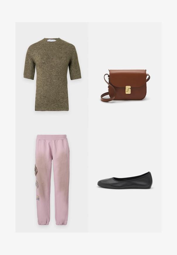 Olivegrüner Strickpullover mit kurzen Ärmeln, strukturiertem Muster und rundem Ausschnitt, mit gerippten Details an Ärmeln und Saum.; Weißes kurzärmliges T-Shirt aus geripptem Stoff. Runder Halsausschnitt, normale Passform und dezente Nähte. Keine Muster oder Grafiken.; Rosa Sweatpants mit elastischem Bund, verziert mit dekorativen Patches in Diamantform auf der linken Seite und elastischen Bündchen an den Knöcheln.; Schwarze Leder-Ballettschuhe mit abgerundeter Spitze, glatter Textur, minimalen Nähdetails und einem flexiblen Sohlen-Design.; Braune Ledertasche mit Klappenverschluss, Beschlägen in Goldfarbe, einem Schultergurt und einer glatten Oberfläche. Kompakte rechteckige Form.