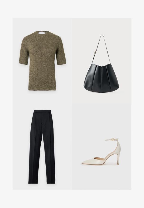 Pulover kratkih rokavov v olivno zeleni barvi, pleten z reliefnim vzorcem in zaobljenim izrezom, s rebrastimi detajli na rokavih in robu.; Črne hlače iz gladkega materiala, ki imajo visok pas, široke noge, sprednje nabore in klasične zanke za pas. Nevidni stranski žepi.; Bela usnjena čevlja na visoki peti z ozkim prstom, trakom okoli gležnja in tanko stiletto peto. Gladka tekstura z rahlim sijočim finišem.; Črna usnjena torbica za rame s prešito obliko, gladko teksturo, enotnim trakom in subtilnim zlatim okrasjem.
