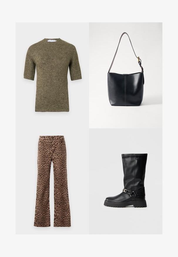 Short-sleeve, olive green knit sweater with a textured pattern and rounded neckline, featuring ribbed detailing on sleeves and hem.; Leopard print wide-leg pants in beige and black, featuring a smooth texture and tapered hem. Design with standard waistband and pockets.; Black knee-high boots made of smooth leather, featuring a buckle accent on the side and a thick, textured sole for grip.; Black leather shoulder bag with a smooth texture, featuring a thin, long strap and a subtle stitched detail down the center.