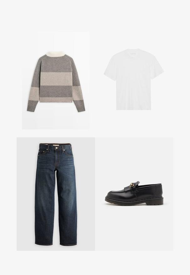 Szary sweter w paski z prążkowanym dołem i kołnierzem, z naprzemiennie ułożonymi pasami jasnoszarym i ciemnoszarym na całej powierzchni. Miękka faktura.; Biała bawełniana koszulka z krótkim rękawem, okrągłym dekoltem i prostym dołem. Gładka faktura, minimalistyczny design bez wzorów i akcentów.; Ciemnoniebieskie dżinsy wykonane z denimu, z prostym krojem nogawki, pięcioma kieszeniami oraz akcentami w postaci przeszyć i zapięciem na guzik.; Czarne skórzane loafersy z okrągłym noskiem, ozdobną frędzlem i złotymi detalami. Gruba gumowa podeszwa zapewniająca lepszą przyczepność i trwałość.