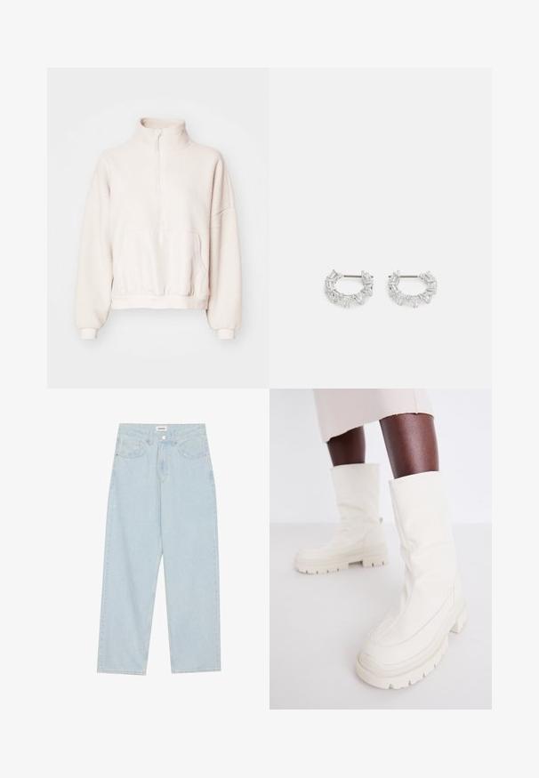 Vajszínű bolyhos pulóver negyed-zipperrel, magas gallérral és zsebkazettával. Kötött ujjakkal és passzentos elasztikus alsó résszel. Puha tapintás.; Világoskék, széles lábú farmernadrág, közepes derékkal, öt zsebbel és gombos záródással, vékony fémszínű akcentussal.; Fehér bokacsizmák puha, texturált felülettel, masszív gumi talppal és formázott kialakítással a modern dizájn érdekében.; Ezüst karika fülbevalók, átlátszó, téglalap és háromszög alakú kristályokkal, mintás elrendezésben. Biztonságos rögzítést biztosító fülbevaló pálcikák.