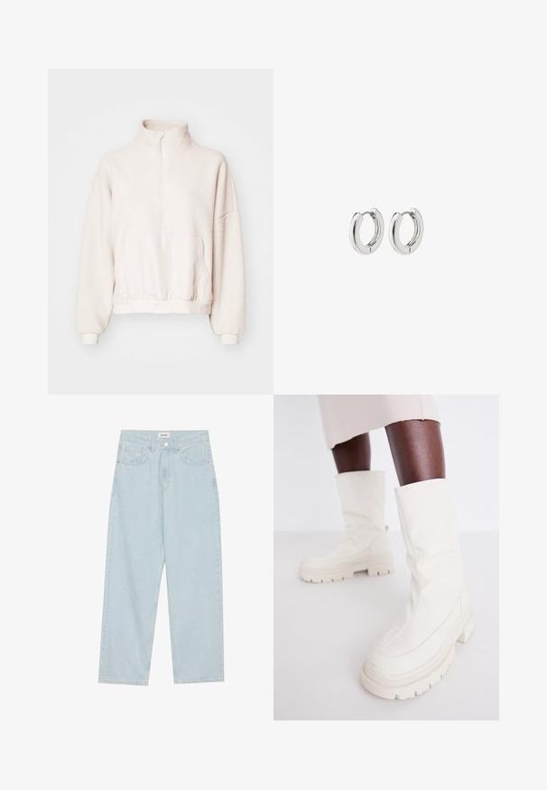 Helle beige Fleece-Pullover mit viertel Reißverschluss, hohem Kragen und einer Kängurutasche. Mit Bündchen an den Ärmeln und einem elastischen, taillierten Saum. Weicher Stoff.; Helle blaue weit geschnittene Jeans aus Denim, mit mittelhoher Taille, fünf Taschen und einem Knopfverschluss mit einem schlanken Metallelement.; Weiße Knöchelstiefel mit einer weichen, strukturierten Oberfläche, ausgestattet mit einer klobigen Gummisohle und einer skulpturalen Form für ein modernes Design.; Silberne Creolen mit einem polierten Finish, die ein kreisförmiges Design und nahtlose Scharniere aufweisen und eine glatte Textur präsentieren.