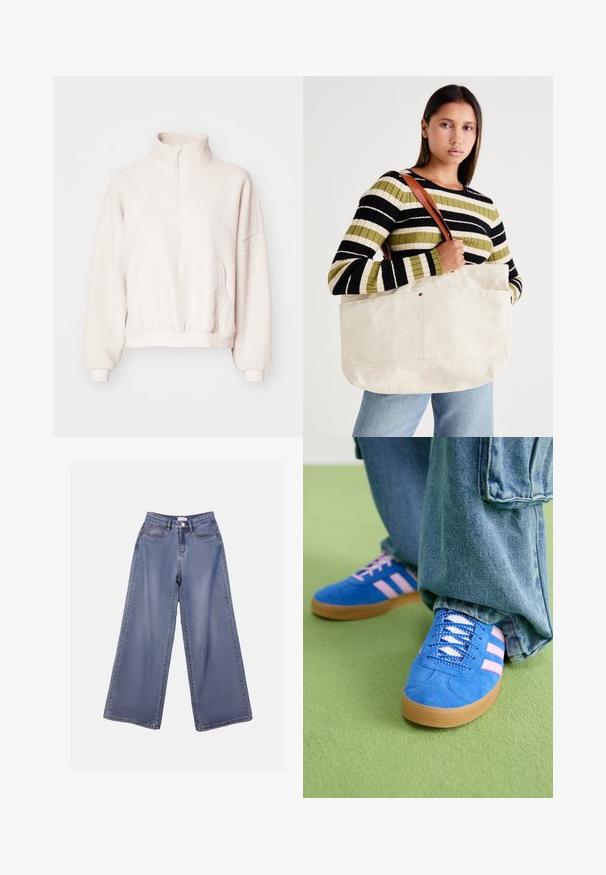 Svijetlosmeđi flis pulover s četvrtastim zatvaračem, visokim ovratnikom i džepom. Rukavi s manžetama i uski elastični rub. Mekana textura.; Široke traperice u svijetloplavom izbljeđenom tonu, s visokim strukom, prednjim džepovima i zakovicom s petljama za remen.; Plave zamšne cipele s ružičastim prugama i bijelim vezicama, s gumenim potplatom, u kombinaciji s širokim trapericama na zelenoj podlozi.; Velika bež platnena torba s tamnosmešnim kožnim trakama, koja se ističe minimalističkim dizajnom i vidljivim šavovima.