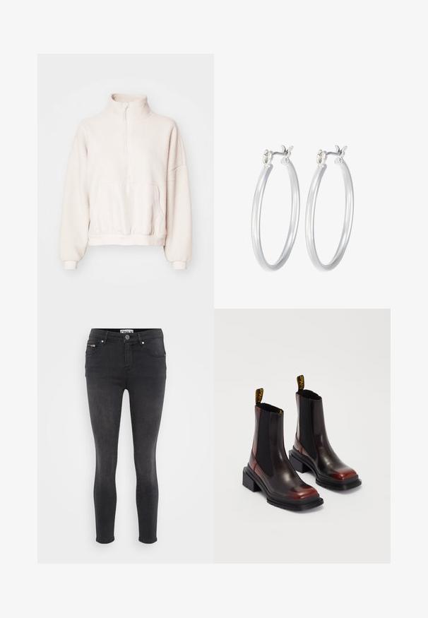 Svetlo bež flis pulover s četrt zadrgo, visokim ovratnikom in žepom. Manšete so obšite, spodnji rob pa je prilagojen z elastiko. Mehka tekstura.; Črne tanke kavbojke iz denima. Imajo sprednji gumb za zapiranje in zadrgo na pasu. Gladka tekstura z minimalnim bledenjem.; Dr. Martens MAYBOLE CHELSEA - Gležnjarji s platformo - black/cherry red; Srebrni obroči za ušesa z gladko, polirano površino. Okrogla oblika in varna zaponka s klikom. Lahka zasnova, primerna za vsakodnevno nošenje.