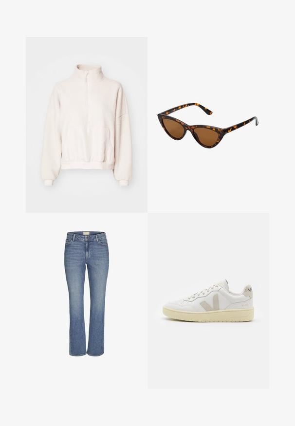 Pulover din fleece bej deschis, cu fermoar până la sfert, guler înalt și buzunar tip poșetă. Mâneci cu mansete și tiv elastic ajustat. Textură moale.; Jeans din denim de culoare albastru mijlociu, cu croială dreaptă, închidere cu buton și fermoar în față, mânere pentru curea și buzunare atât în față, cât și în spate.; Pantofii sport din piele albă cu accente din suede bej, cutie pentru degete perforată, șireturi plate și o talpă texturată de crem. Prezintă branding subtil pe călcâi.; Ochelari de soare în stil cat-eye, cu o ramă din material cu tortoiseshell negru și portocalie, lentile maro și vârfuri elegante, ascuțite. Prezintă un logo minimal pe brățara ochelarilor.; Cercei cercuri din aur cu un finisaj neted și strălucitor. Design circular cu un mic suport și un spate transparent pentru o purtare sigură.