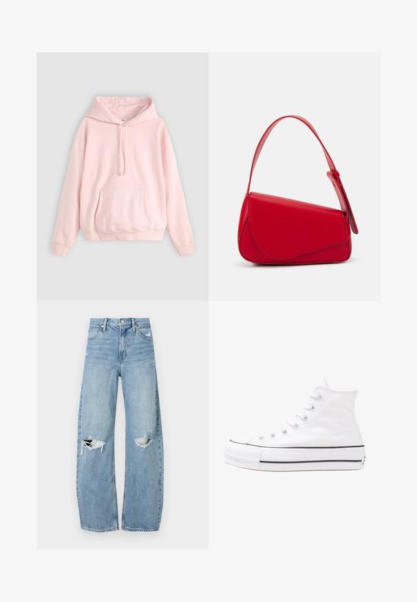 Svijetlo ružičasta dukserica s velikim prednjim džepom, kapuljačom s vezicom i rebrastim manžetama. Izrađena od mekane, udobne tkanine s minimalnim brendiranjem.; Svijetloplave, visoko-strukirane traperice. Imaju široke nogavice, dva razderana područja na koljenima i klasičan stil s pet džepova.; Bijela visoka platnena tenisica s crnom gumenom potplatom, prednjim gumenim zaštitnikom prstiju i šest rupa za vezanje, s čistim, minimalističkim dizajnom.; Crvena kožna torba s kutnim, geometrijskim dizajnom. Ima jedan podesivi remen i preklopni zatvarač sa šivenim detaljima.