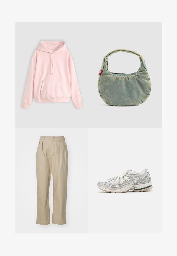 Šviesiai rožinė gobtuvinė maikė su didele priekinėmis kišenėmis, sustringes klostėmis ir gumuotais rankovėmis. Pagaminta iš minkštos, patogios medžiagos su minimalia ženklų išraiška.; Šviesiai rudos spalvos medvilniniai kelnių, su laisvu kirpimu, priekiniais raukiniais, vienu mygtuku užsegimu ir tiesiomis kojomis su siūtomis kraštinėmis.; Bėgimo bateliai turi sidabrinį ir baltą tinklinį viršutinį sluoksnį su žaliai akcentu. Padas yra masyvus ir tekstūruotas, sukurtas amortizacijai ir paramai.; Šviesiai mėlyna džinsinė rankinė su trumpu paminkštintu rankenėle ir maža raudona Levi's logotipo etikete šone, padėta ant vientisos fono.