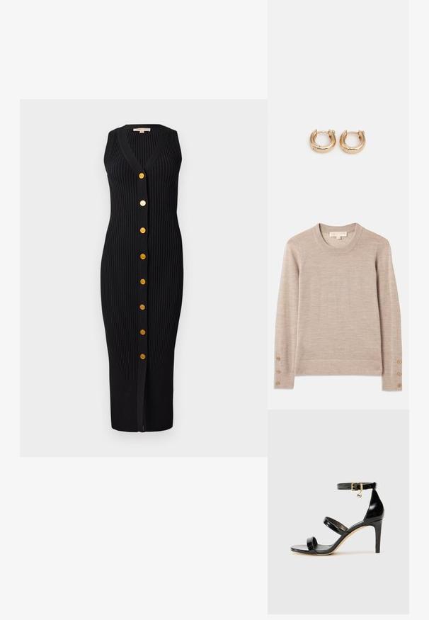 Beige ronde hals trui gemaakt van zacht breimateriaal, met lange mouwen en vier knoopaccenten op elke manchett. Minimalistisch ontwerp met een gestructureerde afwerking.; Zwarte ribgebreide jurk met V-hals, mouwloos ontwerp en gouden knopen aan de voorkant, met een getailleerde silhouet.; Zwarte gepatineerde leren sandaal met drie banden, enkelgesp en 10 cm hoge stiletto hak. Bevat gouden hardwaredetails en een logo charm.; Zwarte leren schoudertas met gouden kettingaccenten, ritssluiting en een afneembare stoffen schouderband. Michael Kors-logo aan de voorkant.; Gouden hoepel oorbellen met een gepolijste afwerking, met een dik, rond ontwerp en een veilig sluitmechanisme. Gladde textuur en glanzende uitstraling.
