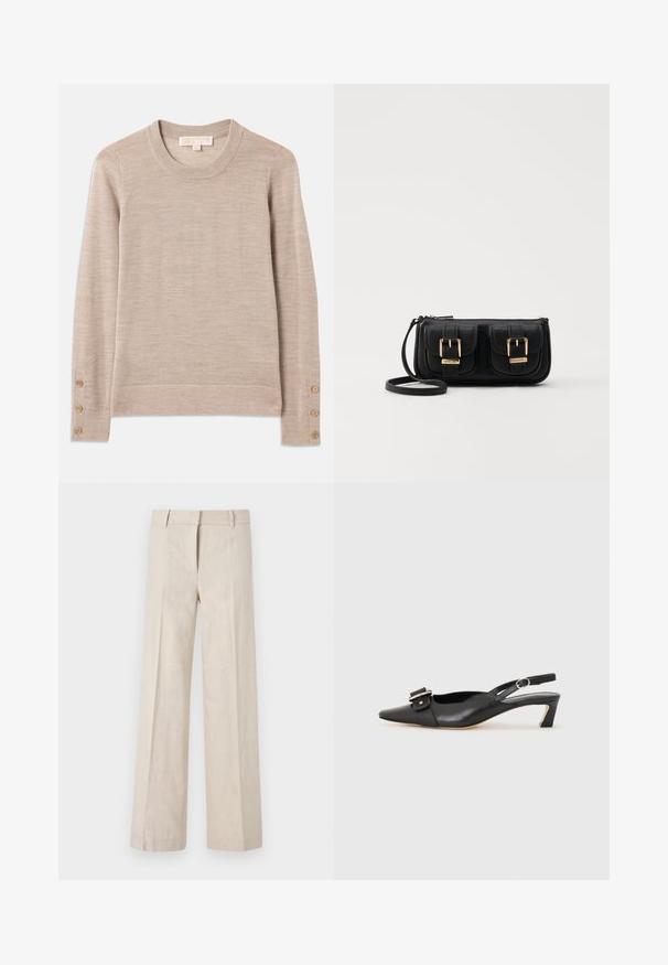 Beige crewneck sweater lavet af blødt strikket materiale, med lange ærmer og fire knapdetaljer på hver manschet. Minimalistisk design med tekstureret finish.; Beige bukser med vidde i let materiale, der har en glat tekstur og rene frontfolder. Linningen er skræddersyet med bæltestropper.; Sorte læder slingback sko med spidse tæer, lille hæl og dekorativ spænde detalje på overdelen. Glat tekstur, minimalistisk design.; Sort læder crossbody taske med to frontlommer, guldspænder, lynlåslukning og en slank rem. Struktureret overflade og kompakt rektangulær form.
