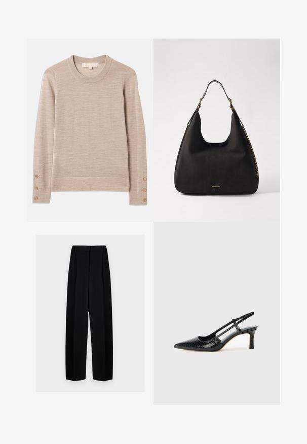 Pull à col rond beige en tricot doux, avec des manches longues et quatre boutons décoratifs sur chaque poignet. Design minimaliste avec une finition texturée.; Pantalons noirs à jambes larges avec une taille haute, présentant des plis et une texture lisse. Le tissu semble léger et tombe élégamment.; Escarpin slingback en vernis noir avec un bout pointu, présentant un imprimé serpent texturé, une sangle réglable et un petit talon bloc texturé.; MICHAEL Michael Kors NOLITA HOBO  - Sac à main - black