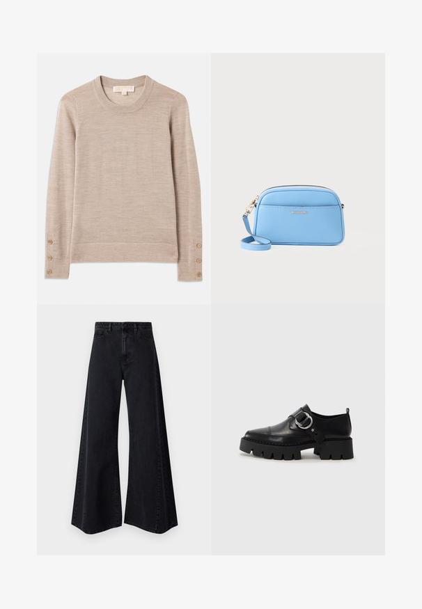 Beige genser med rund hals laget av mykt strikkemateriale, med lange ermer og fire knappdetaljer på hver mansjett. Minimalistisk design med strukturert overflate.; Vide ben svarte denimjeans med høy midje, med frontlommer, knappelukking og jevn tekstur. Enkle sømdetaljer synlige.; Sorte læringssko med en kraftig ribbet såle, som har en sirkulær sølvfarget detalj og minimal sømdekorasjon.; Lys blå skinn crossover-veske med gulltonet detaljer, glidelås lukking og en frontlomme. Har justerbar stropp for ekstra bekvemmelighet.