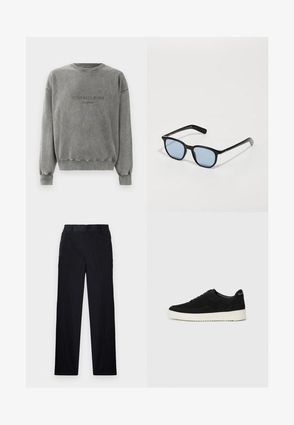 Grå langermet genser med rund hals, med ribbestrikkede mansjetter og kant, med teksten "CONCRETE BORN" og mindre tekst under.; Sorte bukser med lett og teksturert stoff, rett ben-design, elastisk midjebånd og sidelommer med glidelås.; Svart semsket sneakers med snøring og kontrasterende hvit gummisåle. Har teksturerte sidepaneler og subtil merkevare på hælen.; Sorte solbriller med rektangulære rammer, lyseblå linser og glatt plastisk tekstur. Har smale stenger med en subtil logo-detalj.