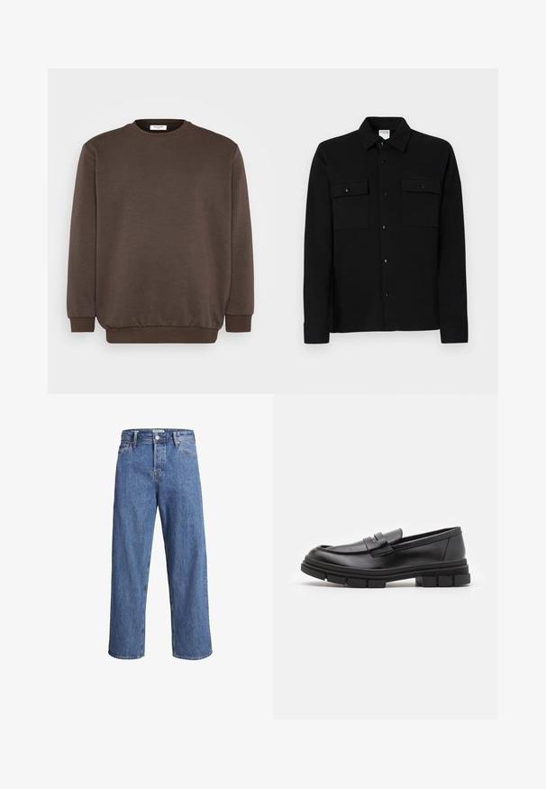 Jack & Jones JJEBRADLEY CREW - Sportinis megztinis - mulch; Juodas mygtukais užsegamas marškiniai, pagaminti iš lygios medžiagos, su dviem krūtinės kišenėmis, taškiniu apykakle ir mygtukais užsegamais rankogaliais. Paprastas dizainas su minimaliais akcentais.; Šviesiai mėlynos džinsinės kelnės su tiesiu kirpimu, aukštu liemeniu ir minimaliais siuvimo detalėmis. Audinys yra minkštas, šiek tiek nublukęs.; Juodi odiniai loaferiai su lygia apdaila, turintys priekinį dirželio akcentą ir storą guminį padą su grioveliais.