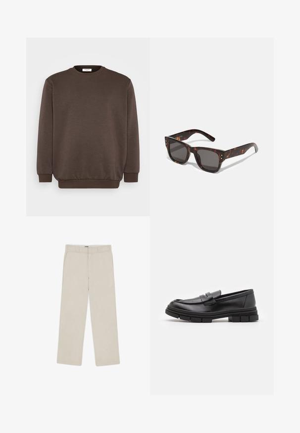Jack & Jones JJEBRADLEY CREW - Felpa - mulch; Pantaloni beige a gamba larga con una texture liscia, dotati di passanti per cintura, due tasche anteriori e chiusura con zip. Design minimalista.; Mocassini in pelle nera con finitura liscia, dotati di un dettaglio di cinturino anteriore e di una suola in gomma spessa con accenti scanalati.; Occhiali da sole tartaruga con lenti scure, montatura quadrata e borchie argentate nell'anteriore. Realizzati in plastica, leggeri e resistenti.