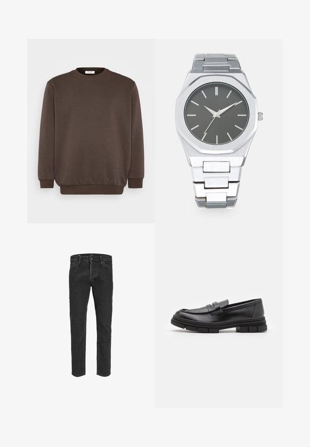 Jack & Jones JJEBRADLEY CREW - Mikina - mulch; Černé džínové kalhoty s rovnými nohavicemi, pěti kapsami a poutky na pásek, které mají mírně vybledlou strukturu a kontrastní švy.; Černé kožené mokasíny s hladkým povrchem, se zapínáním vpředu a masivní gumovou podrážkou se vroubkovanými detaily.; Stříbrné analogové hodinky s osmiúhelníkovým pouzdrem, šedým ciferníkem, stříbrnými indexy a nerezovým ocelovým náramkem. Minimalistický design s hladkou texturou.