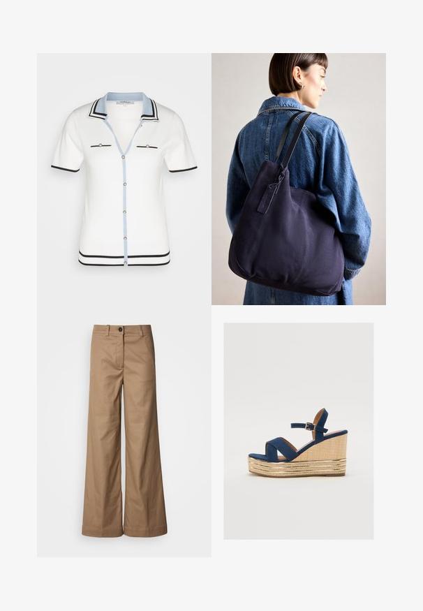 Κοντομάνικο λευκό καρότσα με μπλε γιακά, μαύρες λεπτομέρειες, δύο θησαυροφυλάκια στο στήθος με κουμπιά και μπροστινό κλείσιμο με κουμπιά.; Παντελόνια με φαρδύ πόδι, φτιαγμένα από απαλό, μπεζ ύφασμα. Διαθέτουν κλείσιμο με κουμπί μπροστά, θηλιές ζώνης και πλάγιες τσέπες. Καθαρές γραμμές χωρίς ορατά σχέδια.; Ναυτικό μπλε πλατφόρμα με διασταυρωμένες λωρίδες, σαγρέ πλατφόρμα από φυσικές ίνες και χρυσό μεταλλικό στοιχείο στη βάση.; Ναυτικό καμβά τσάντα ώμου με απαλή, δομημένη μορφή, διαθέτοντας μαύρο λουρί, ραμμένα λεπτομερή στοιχεία και μια μικρή ετικέτα μάρκας.