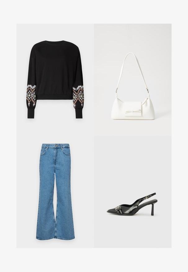 Μαύρο κοντό φούτερ με μακριά μανίκια που διαθέτει περίπλοκους λευκούς, χρυσούς και ροζ floral και γεωμετρικούς κεντητούς σχεδιασμούς στους μανικιού.; Ανοιχτό γαλάζιο τζιν παντελόνι σε καμπάνα, κατασκευασμένο από τζιν ύφασμα, με ψηλή μέση, πέντε τσέπες και κλείσιμο με έναν μόνο κουμπί. Μαλακή υφή με ξεθωριασμένο φινίρισμα.; Μαύρο παπούτσι slingback από πατέντο δέρμα με μυτερή μύτη, λουράκια στον αστράγαλο που διαθέτουν ασημένιες αγκράφες και μεταλλικά στοιχεία, και λεπτό τακούνι.; Λευκή συνθετική τσάντα σε τριγωνικό σχήμα, με επίπεδη μπροστινή καπάκι και λεπτομέρεια φιόγκου, ρυθμιζόμενο λουράκι, απαλή υφή και μινιμαλιστικό σχέδιο.