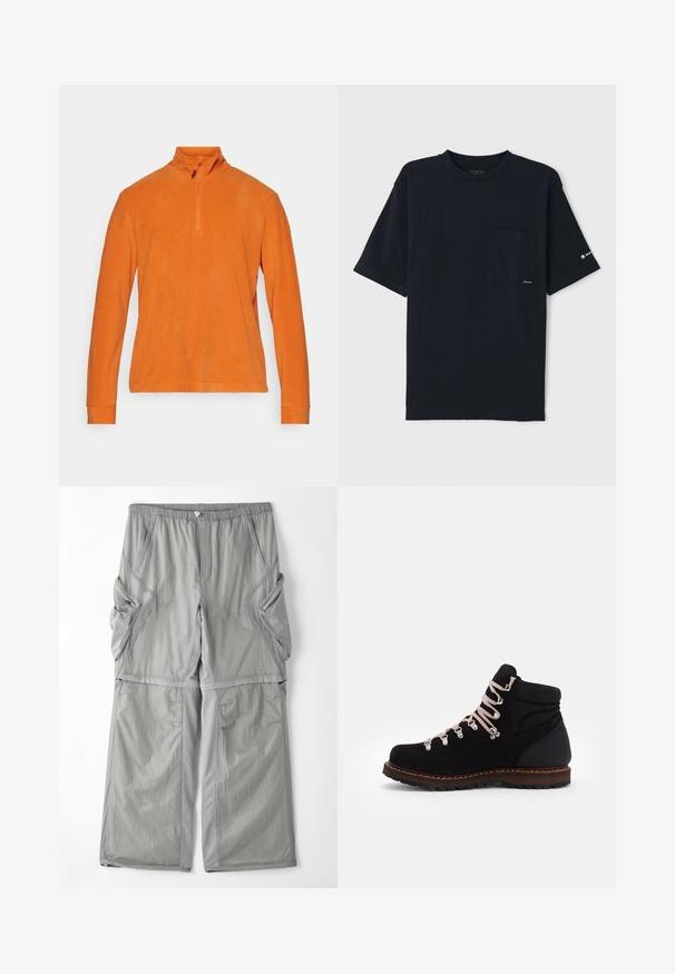 CMP MAN - Fleece jumper - jaffa; Black cotton T-shirt with short sleeves, a round neckline, and a chest pocket. Features a small logo on the sleeve and a smooth texture.; Light grey, breathable fabric trousers with an elastic waistband, side pockets, and contrasting grey piping along the seams. Loose fit design.; Black suede hiking boot with pink laces, metal eyelets, cushioned ankle support, and a textured rubber sole, featuring a contrast brown midsole.