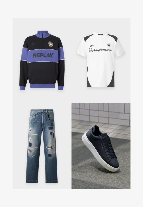 Sudadera de medio cierre en negro y púrpura con el logo "REPLAY" en el pecho y el escudo de Replay FC con tres estrellas en la parte superior izquierda.; Camiseta blanca de manga corta con acentos negros. Lleva el logo "REPLAY FC" y el texto "Highperformance" en una fuente deportiva. Fabricada con un material suave.; Jeans de denim con parches desgastados y tonos de azul variados, con un corte recto y un diseño tradicional de cinco bolsillos.; Zapatillas de piel negra con textura suave, puntera redonda y suela de goma blanca. Presentan cordones y el logo "REPLAY" en dorado en el lateral.