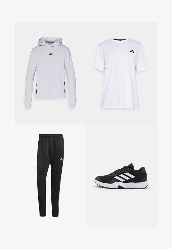 Svetlo šedá mikina s kapucňou vyrobená z mäkkej tkaniny, s klokaniou kapsou, rebrovanými manžetami a čiernym logom na hrudi. Čierne akcenty po stranách.; Biely športový tričko s krátkymi rukávmi, vyrobené z materiálu, ktorý odvádza vlhkosť. Má čierne logo na ľavej hrudi a vzorovaný vnútorný golier.; Čierne športové nohavice s elastickým pásom, bielymi bočnými pruhmi a malým bielym logom na stehne. Vyrobené z hladkého, ľahkého materiálu.; Čierne športové topánky s textúrovaným sieťovinovým zvrškom, bielymi akcentovými pruhmi, polstrovanou podrážkou a spevneným pätou pre podporu.