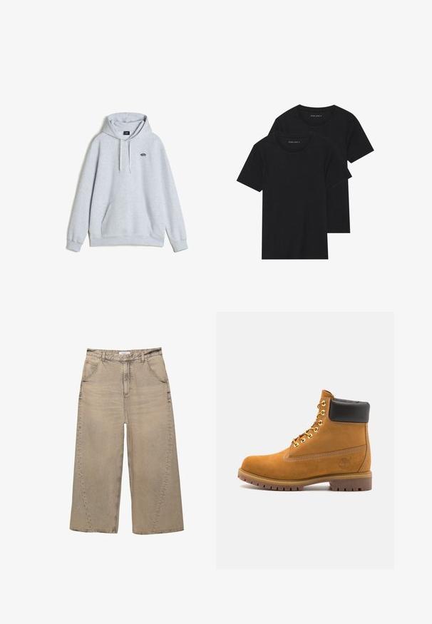 Vans STYLE LOOSE FIT - Felpa con cappuccio - light grey; Due magliette nere di cotone a maniche corte, con scollatura rotonda e una texture liscia, esposte impilate insieme.; PULL&BEAR MEGA BAGGY - Jeans baggy - light grey; Stivale alla caviglia in suede tan con collare imbottito nero, occhielli in metallo dorato, dettagli in cucitura bianca e suola in gomma robusta con battistrada pronunciato.