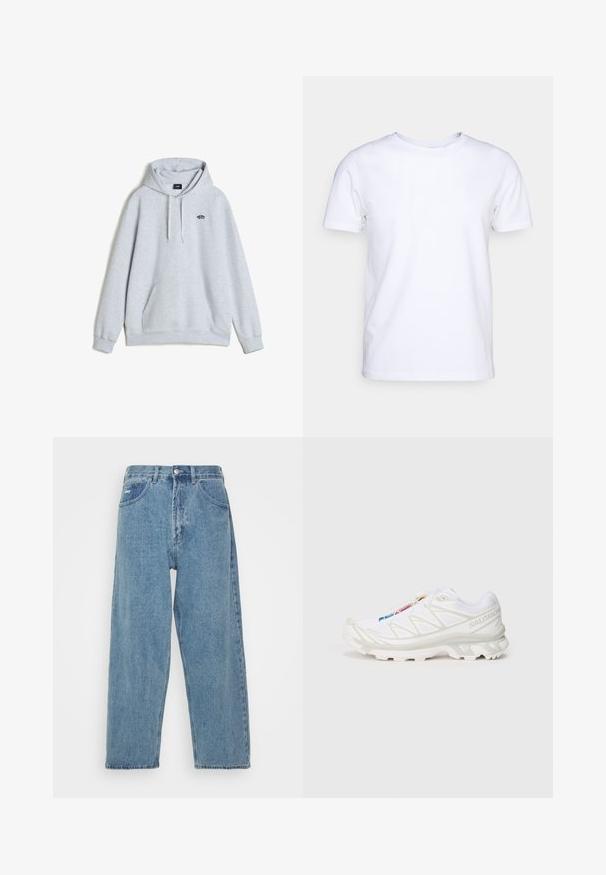 Vans STYLE LOOSE FIT - Hoodie - light grey; Witte katoenen t-shirt met korte mouwen en een ronde hals. Eenvoudig ontwerp zonder patronen of accenten. Glad textuur.; Lichtblauwe denim jeans met een hoge taille, ontspannen pasvorm, met twee zijzakken, een achterzak met patch en een knoopsluiting.; Witte sportieve schoen met een gestructureerde mesh bovenkant, reflecterende accenten en een gevoerde zool. Opvallend merklogo aan de zijkant.