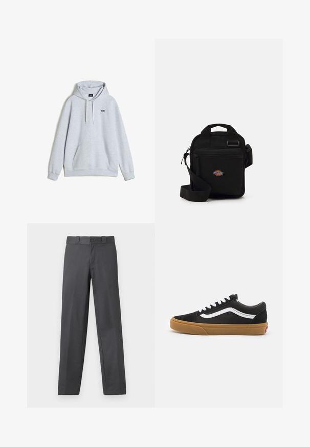 Vans STYLE LOOSE FIT - Hoodie - light grey; Gray trousers made of smooth fabric, featuring a straight-leg design, button closure, and belt loops; minimal seams and no patterns.; Black suede sneakers with white side stripe, white laces, and gum rubber sole. Classic low-top design with textured accents and rounded toe.; Black crossbody bag with a zippered pocket, rectangular shape, made of fabric, featuring a logo patch on the front, adjustable shoulder strap.