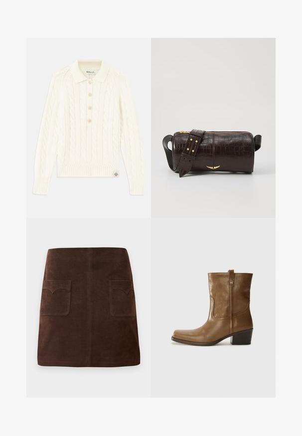 Crème kabelgebreide trui met een kraagnek, een placket met vier knopen, geribbelde boorden en een klein logo-opdruk aan de onderkant.; Bruin suède rok met een klassieke A-lijn vorm, twee voorzakken met ronde kleppen en subtiele stikdetails.; Bruine lederen enkelboot met een vierkante neus, gestructureerde afwerking en een lage blokhak. Voorzien van een handige achterste lus en subtiele stikdetails.; Bruine krokodil-embosserende leren tas met een cilindervorm, gouden hardware en een afneembare schouderband met studs.