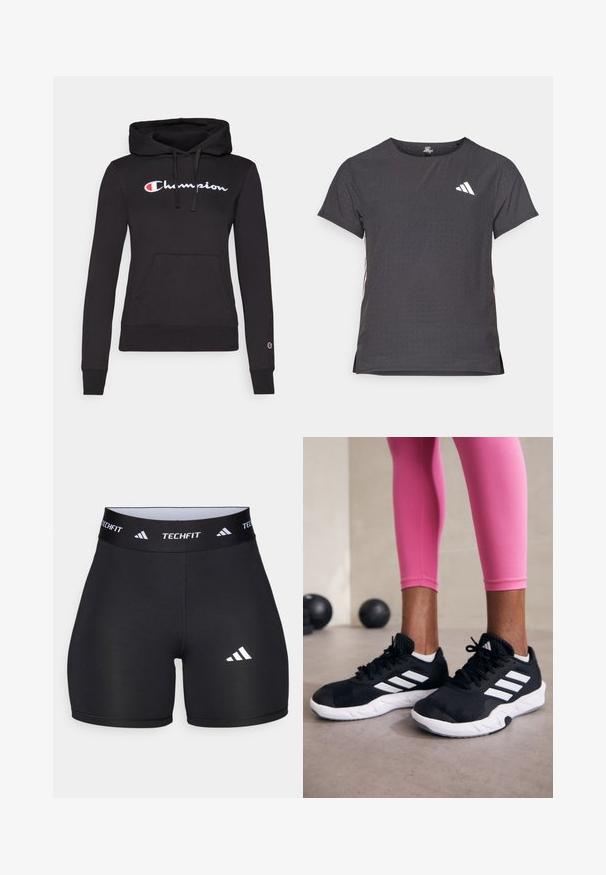 Schwarzer Kapuzenpullover aus weichem Stoff, mit Kordelzugkapuze, vorderem Kängurutasche und weißem gesticktem "Champion"-Logo auf der Brust.; Kurze Ärmel Sport-T-Shirt, dunkelgrau mit durchbrochener Textur. Enthält ein weißes Logo und kontrastierende Seitenstreifen. Runder Ausschnitt.; Schwarze Shorts aus dehnbarem Stoff mit passgenauer Passform. Verfügt über einen breiten schwarzen Bund, der mit "TECHFIT" beschriftet ist, und ein weißes Logo am Bein.; Schwarze Sportschuhe mit weißen Streifen, strukturiertem Mesh-Obermaterial und einer weißen Sohle. Kombiniert mit pinken Leggings, die Trainingsbekleidung zur Schau stellen.