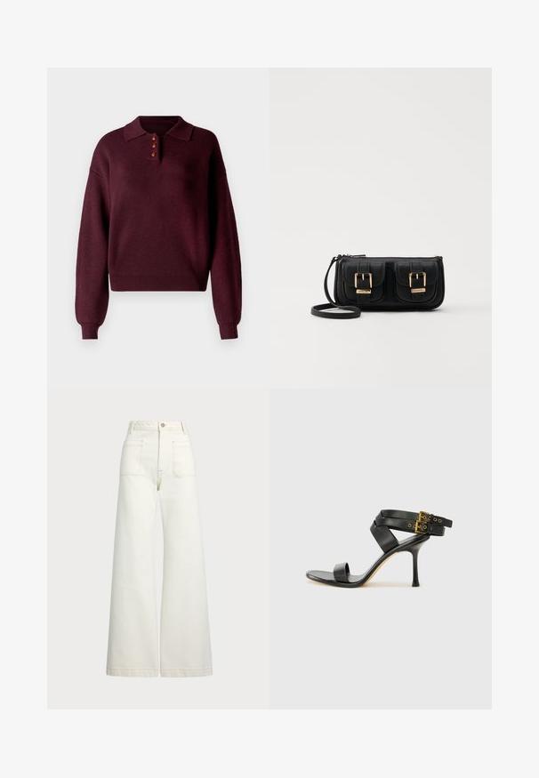 Burgundin värinen neulepusero, jossa on kauluspääntie, kolmonnapäinen nappilista, pitkät hihat sekä ribbineulostekniikalla tehdyt hihansuut ja helma.; Reisitaskuhousut vaaleanvalkoisesta denimestä. Korkea vyötärö, napitus, kaksi etutaskua ja kontrastiväriset ompeleet.; Mustat korot kengät, joissa on ristikkäiset hihnat ja säädettävä solki. Ominaisuuksiin kuuluu sileä pinta ja kapeneva stilettokorko.; Musta nahkainen olkalaukku, jossa on kaksi etutaskua, kultaiset soljet, vetoketjukiinnitys ja kapea hihna. Teksturoidun pinnan ja kompaktin suorakaiteen muoto.