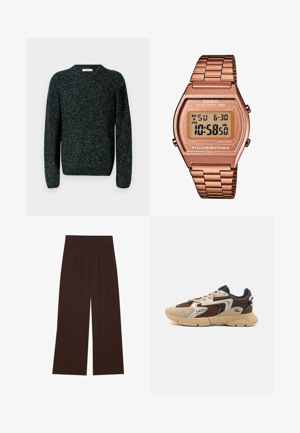 Tmavý pletený svetr s kulatým výstřihem, dlouhými rukávy a žebrovanými manžetami. Materiál má texturovaný vzor s jemnými fleky po celém povrchu.; Hnědé kalhoty s širokým střihem a skladbami. Vyrobeny z hladké tkaniny, s upraveným pasem a postranními kapsami. Rovný lem na spodní straně.; Béžové a hnědé tenisky s texturovanými síťovinovými panely, akcenty z semiše a gumovou podrážkou. Mají šněrovací design a značkové detaily.; Digitální hodinky Casio s kovovým řemínkem v růžovém zlatě, obdélníkovým pouzdrem, podsvíceným displejem a vodotěsností, zobrazující čas a datum.