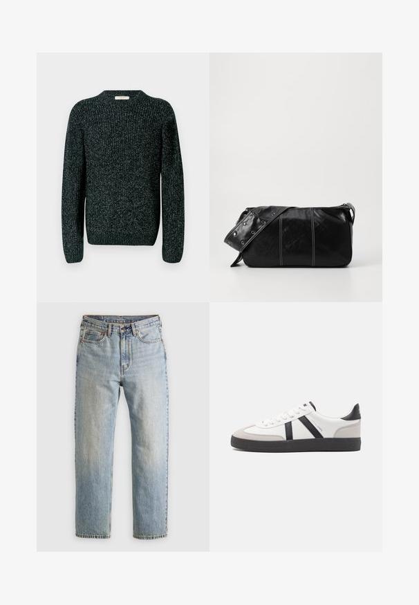 Pulover tricotat închis la culoare, cu guler rotund, mâneci lungi și mansete cu model în valuri. Materialul are un model texturat cu străluciri ușoare pe parcursul său.; Jeans din denim de culoare albastru deschis, cu talie înaltă, nasture frontal, fermoar și design cu cinci buzunare, așezate platesc pe un fundal neutru.; Sneaker alb cu accente negre și gri, având un capac de vârf gri texturat, talpă din cauciuc negru și șireturi plate albe. Design elegant, stil minimalist.; Geantă de umăr din piele neagră cu închidere cu fermoar, având un corp texturat, cusături albe și o curea cu ochiuri argintii.