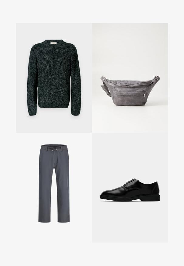 Tmavý pletený svetr s kulatým výstřihem, dlouhými rukávy a žebrovanými manžetami. Materiál má texturovaný vzor s jemnými fleky po celém povrchu.; Šedé kalhoty s elastickým pasem a šňůrkou. Rovný střih, vyrobené z hladké tkaniny, mají minimální švy a žádné viditelné kovové prvky.; Černé kožené společenské boty s hladkým povrchem, zaoblenou špičkou, šněrováním a decentní gumovou podrážkou pro lepší trakci.; Šedý semišový ledvinka s kulatým tvarem, dvěma zipovými přihrádkami a nastavitelným popruhem. Obsahuje kovové akcenty.