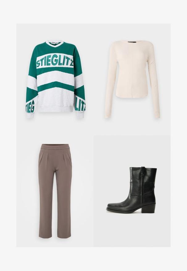 Zöld és szürke, túlméretezett pulóver V nyakkal, amelyen vastag, texturált betűkkel szerepel a "STIEGLITZ" felirat a mellkason és az ujjakon.; Hosszú ujjú, világos bézs blúz kerek nyakkivágással. Puha anyagból készült, középső varrással és enyhén ívelt szegéllyel rendelkezik. Nincs rajta látható fémrész.; Taupe színű, lazán szabott nadrág, gumis derékkal és elülső pliszírozással, sima anyagból készült.; Fekete bőr bokacsizma lekerekített orral, blokk sarkúval, oldalsó cipzárral és varrásos díszítéssel az elején. Simább textúra, klasszikus dizájn.