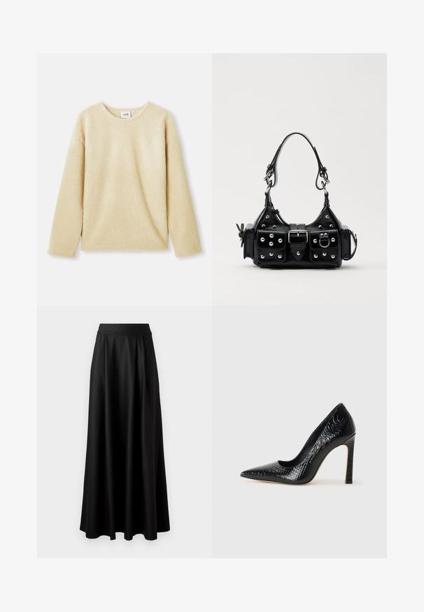 Beige fleece sweatshirt met lange mouwen, ronde halslijn en zachte textuur. Heeft een relaxte pasvorm en een subtiele merklabel aan de binnenkant van de kraag.; Zwarte rok tot op de vloer met een gladde textuur, brede tailleband en geplooid ontwerp, zonder zichtbare patronen of versieringen.; Zwarte puntige hoge hak schoen met een krokodillenleren textuur, met een slank ontwerp, hoge stiletto-hak, en een gladde zwarte binnenkant.; Zwarte lederen handtas met een gebogen ontwerp, voorzien van zilveren studs, een gesp en twee zijvakken. Verstelbare schouderband voor verschillende draagmogelijkheden.